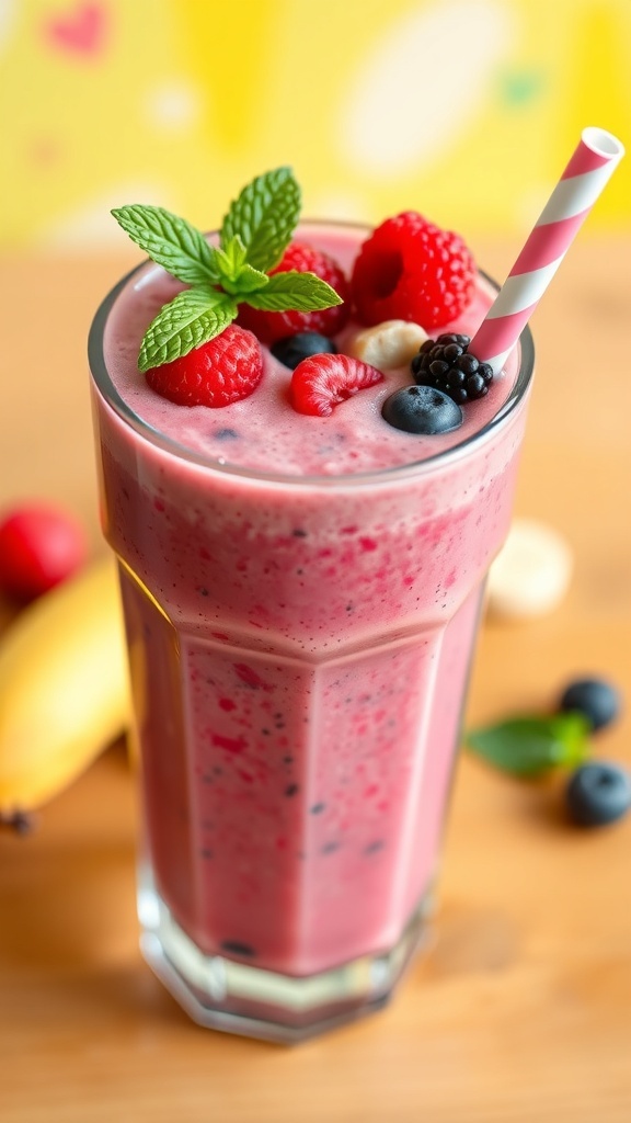 High Protein Banana Berry Smoothie Recipe A colorful banana berry smoothie in a glass, topped with berries and mint, on a wooden table.